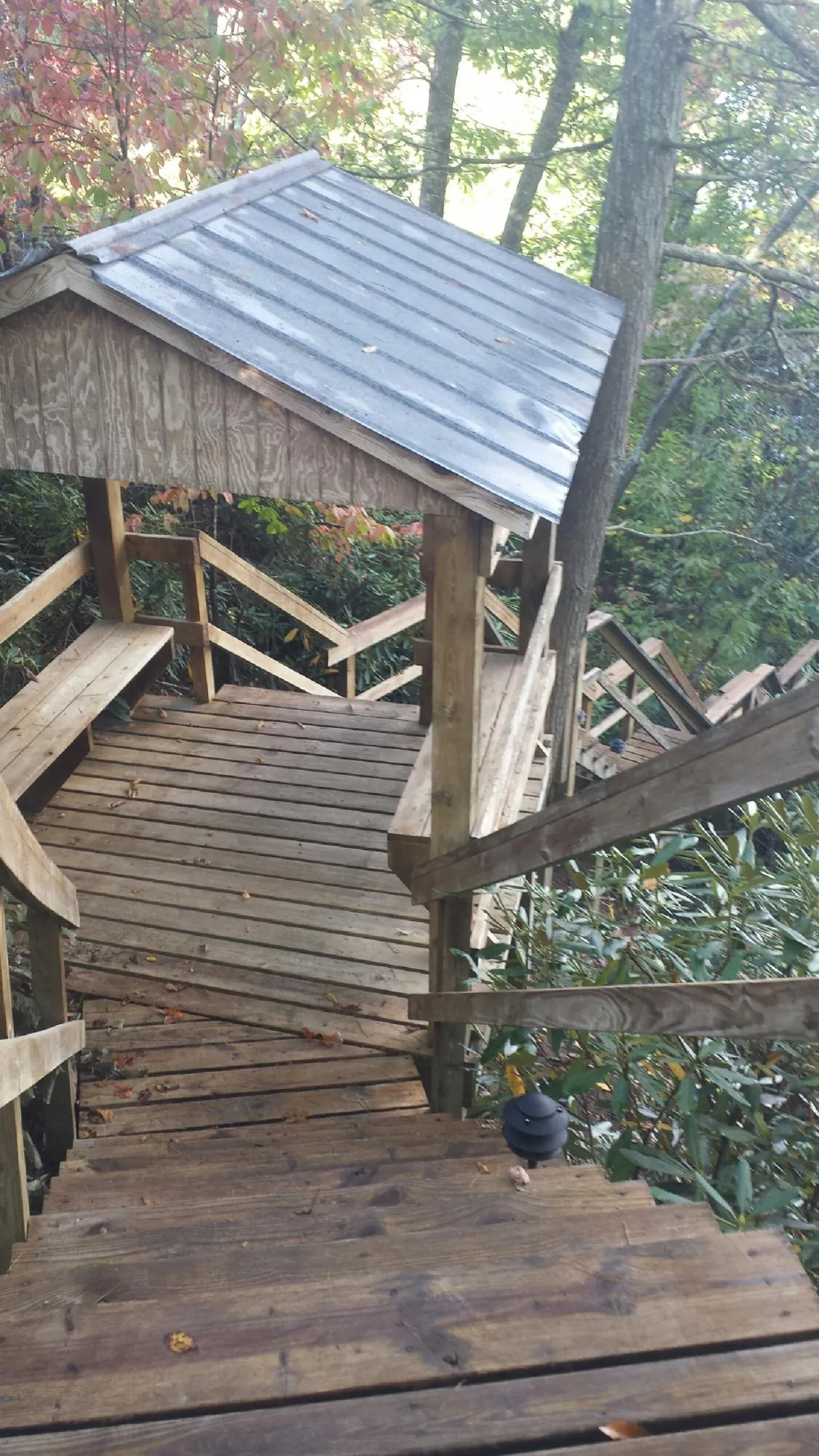 Metal roofed shelter over wooden steps on a wooded walkway — Skylight Repair & Installation work by our crew in Spangle